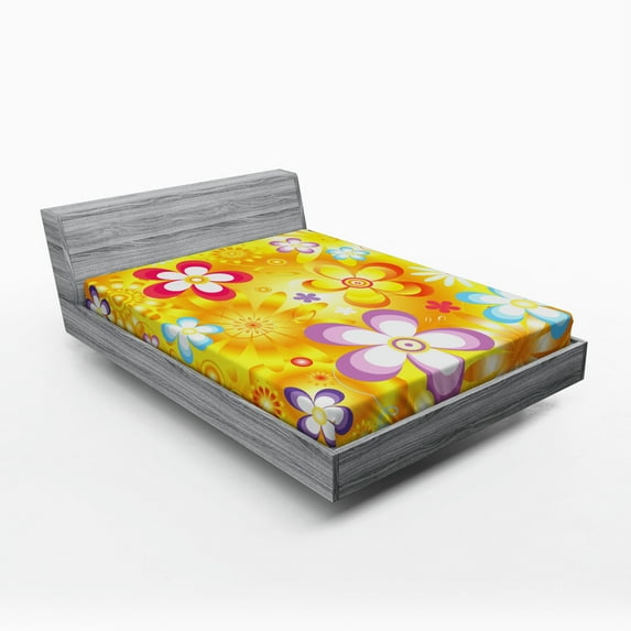 Ambesonne Floral Fitted Sheet, Vibrant Daisies Cheerful, Full Size, Multicolor