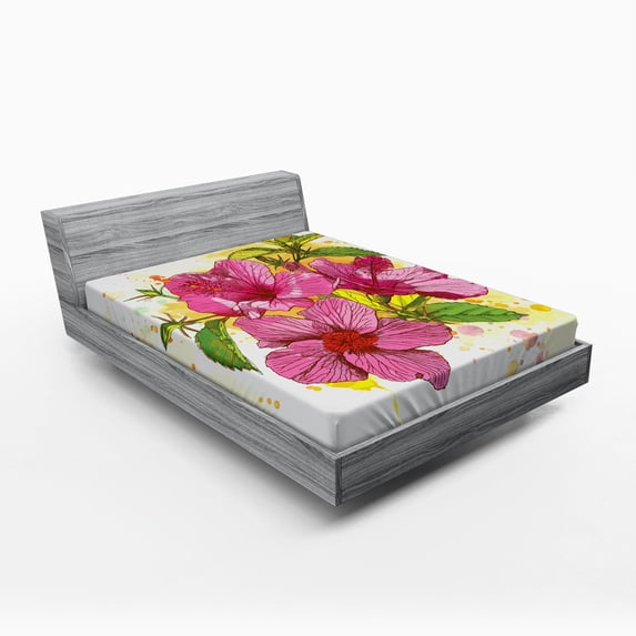 Ambesonne Floral Fitted Sheet, Vibrant Hibiscus Flower, Full Size, Earth Yellow Fuchsia