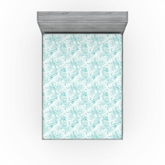 Ambesonne Floral Fitted Sheet, Vintage Art Blooming Flowers, Full Size, Seafoam and White