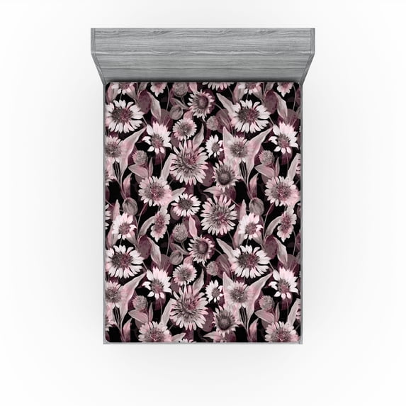 Ambesonne Floral Fitted Sheet, Vintage Art Flower Pattern, Queen Size, Dark Mauve Grey Black