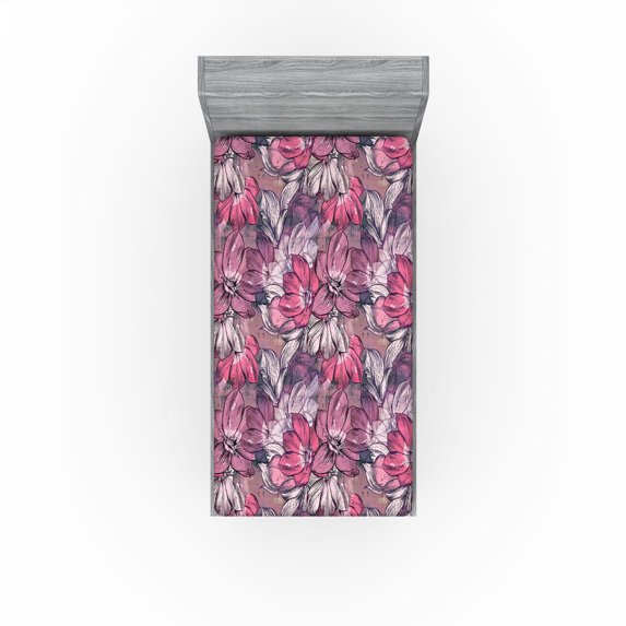 Ambesonne Floral Fitted Sheet, Vintage Art Magnolia Flowers, Twin Size, Pastel Pink and Pale Eggplant