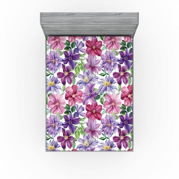 Ambesonne Floral Fitted Sheet, Vintage Atmosphere Flowers, Full Size, Lilac Indigo and Magenta