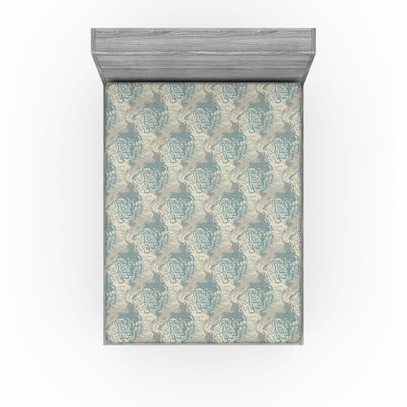 Ambesonne Floral Fitted Sheet, Vintage Flower Sketch Retro, California King, Dark Eggshell and Cadet Blue