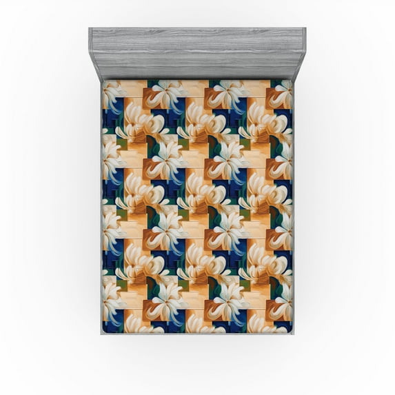 Ambesonne Floral Fitted Sheet, Vintage Flowers Art Nouveau, California King, Peach Amber Teal