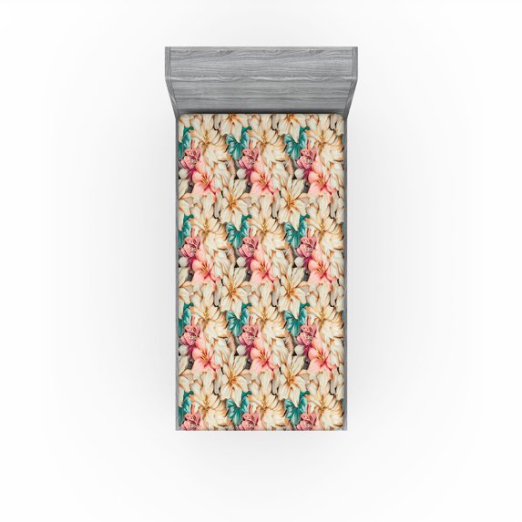 Ambesonne Floral Fitted Sheet, Vintage Lily Flower Pattern, Twin Size, Almond Rose Turquoise