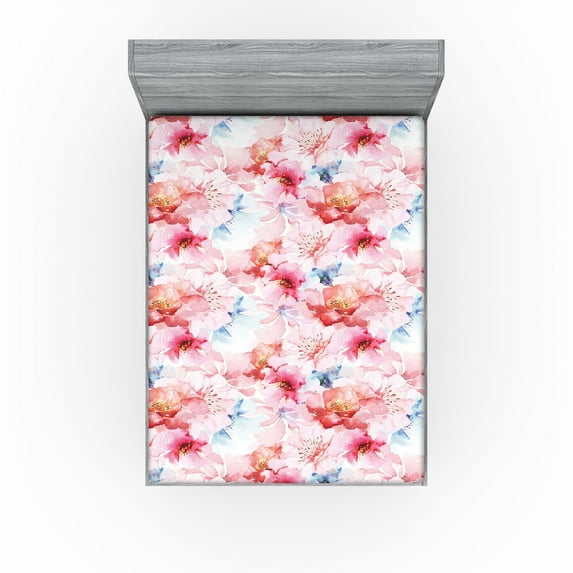Ambesonne Floral Fitted Sheet, Vintage Romance Art Flowers, Full Size, Soft Blue and Pale Pink