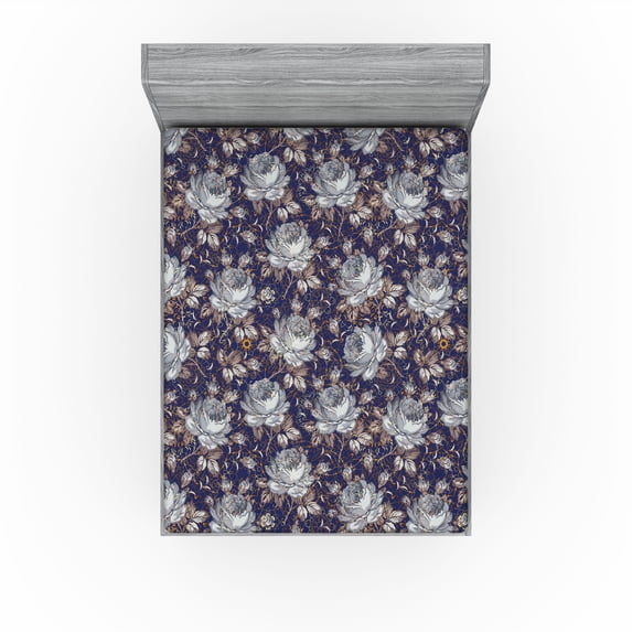 Ambesonne Floral Fitted Sheet, Vintage Romantic Roses Print, King Size, Dark Violet Marigold and Grey