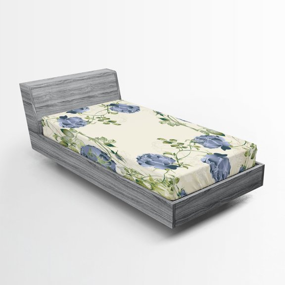 Ambesonne Floral Fitted Sheet, Vintage Roses Framework, Twin Size, Blue Green Cream
