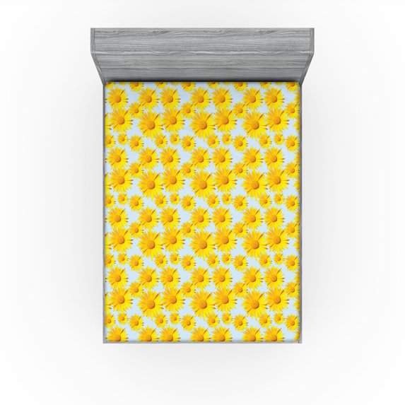Ambesonne Floral Fitted Sheet, Vintage Sunflower Sky Art, Full Size, Soft Blue Marigold Yellow