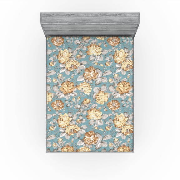 Ambesonne Floral Fitted Sheet, Vintage Vibe Rose Pattern, Queen Size, Pale Grey Pastel Yellow