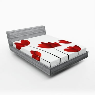 Ambesonne Floral Fitted Sheet, Vivid Rose Flower Petal, Full Size, Vermilion and White