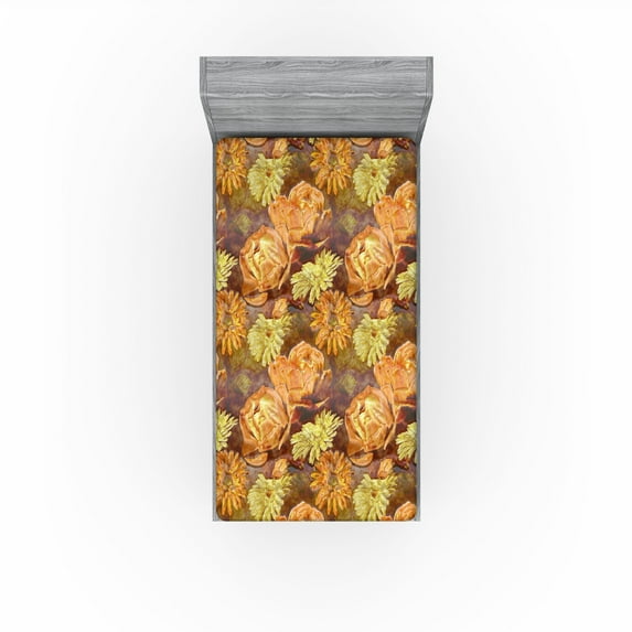 Ambesonne Floral Fitted Sheet, Warm Tone Nostalgia Flowers, Twin Size, Mustard Apricot Redwood