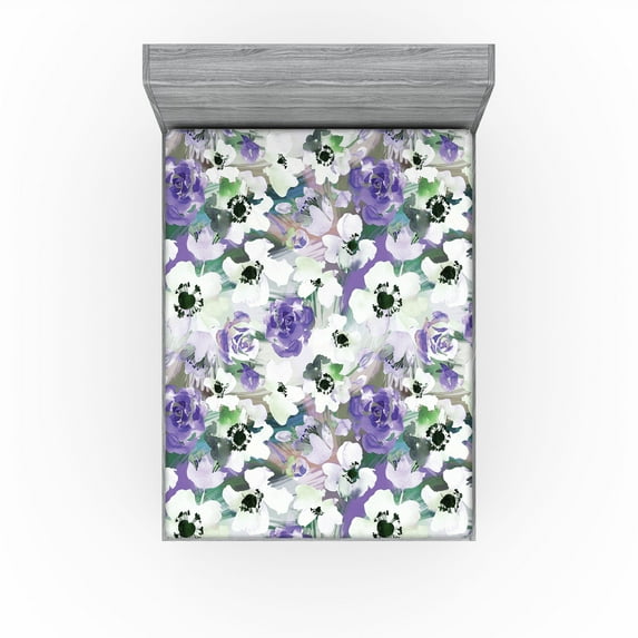 Ambesonne Floral Fitted Sheet, Watercolor Blooming Petals, Queen Size, Blue Violet and Laurel Green