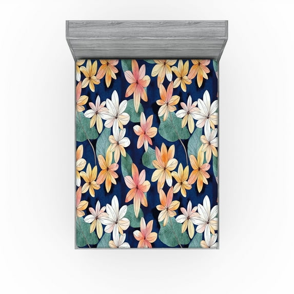 Ambesonne Floral Fitted Sheet, Watercolor Effect Flowers, Full Size, Navy Blue and Laurel Green