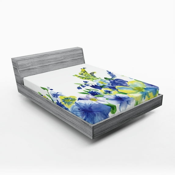 Ambesonne Floral Fitted Sheet, Watercolor Flower, Full Size, Blue Yellow