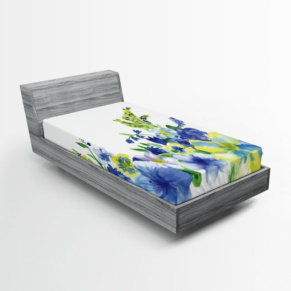 Ambesonne Floral Fitted Sheet, Watercolor Flower, Twin XL Size, Blue Yellow