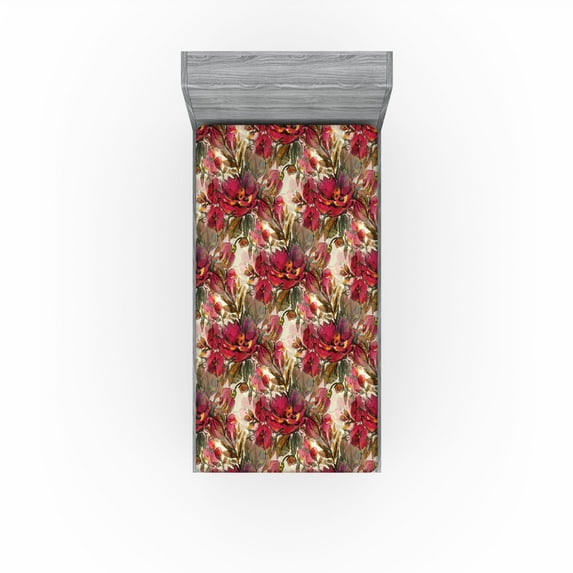 Ambesonne Floral Fitted Sheet, Watercolor Flowers Abstract, Twin XL Size, Dark Pink Fawn and Beige
