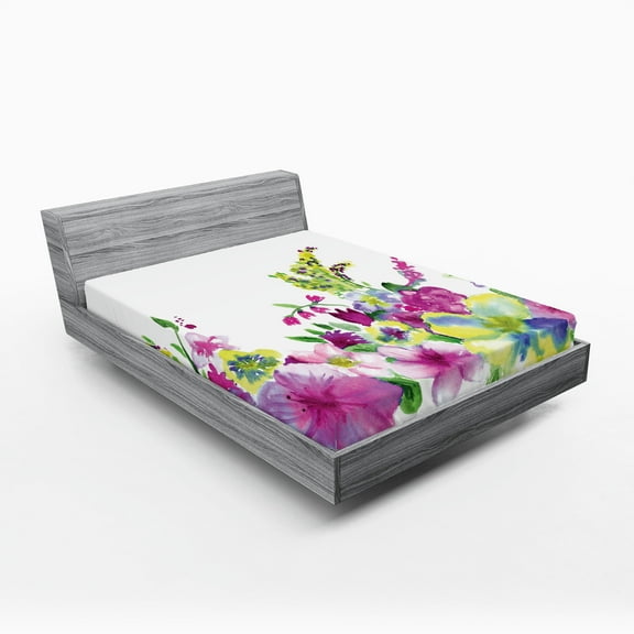 Ambesonne Floral Fitted Sheet, Watercolor Garden, Queen Size, Pink Green