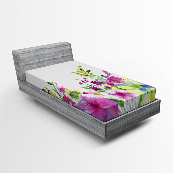 Ambesonne Floral Fitted Sheet, Watercolor Garden, Twin Size, Pink Green