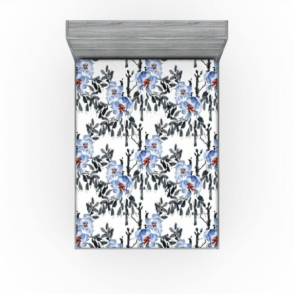 Ambesonne Floral Fitted Sheet, Watercolor Leaf Art Branches, Full Size, Lavender and Dark Blue Grey