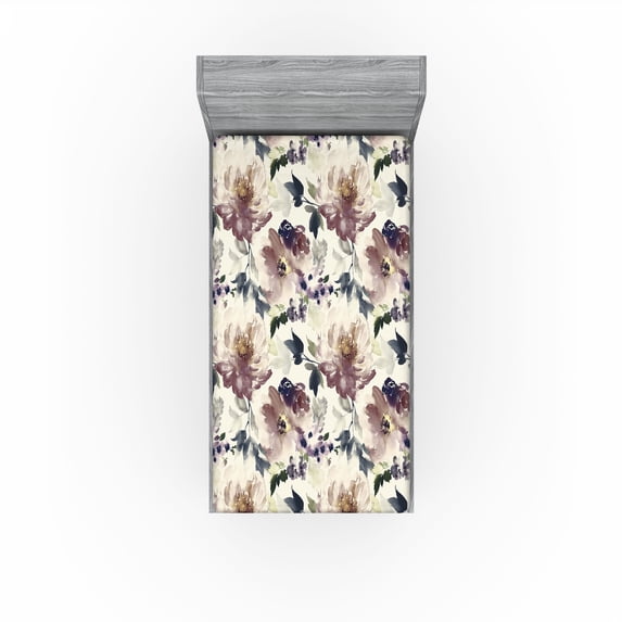 Ambesonne Floral Fitted Sheet, Watercolor Nature Art Floral, Twin XL Size, Ivory Dark Mauve