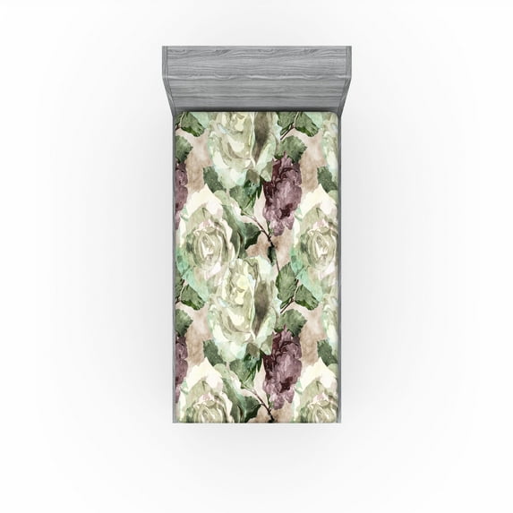 Ambesonne Floral Fitted Sheet, Watercolor Peony Roses Print, Twin XL Size, Mauve Taupe Grey Yellow