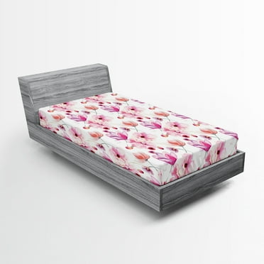 Ambesonne Floral Fitted Sheet, Watercolor Spring Blooms, Twin Size, Pink Purple Coral