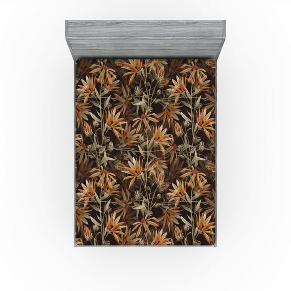 Ambesonne Floral Fitted Sheet, Wild Flowers Blurry Effect, King Size, Cinnamon Seal Brown and Sepia
