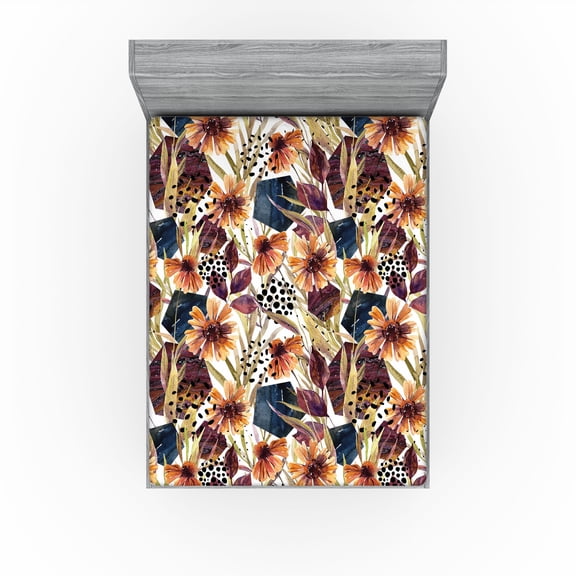 Ambesonne Floral Fitted Sheet, Wild Flowers Hexagon Forms, Queen Size, Plum Orange and Dark Blue