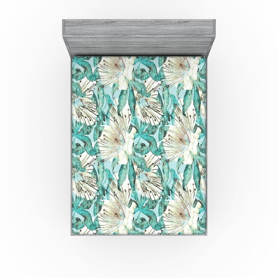 Ambesonne Floral Fitted Sheet, Wild Nature Forest Flowers, King Size, Ivory Seafoam Turquoise