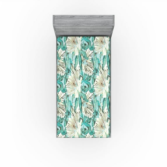 Ambesonne Floral Fitted Sheet, Wild Nature Forest Flowers, Twin Size, Ivory Seafoam Turquoise