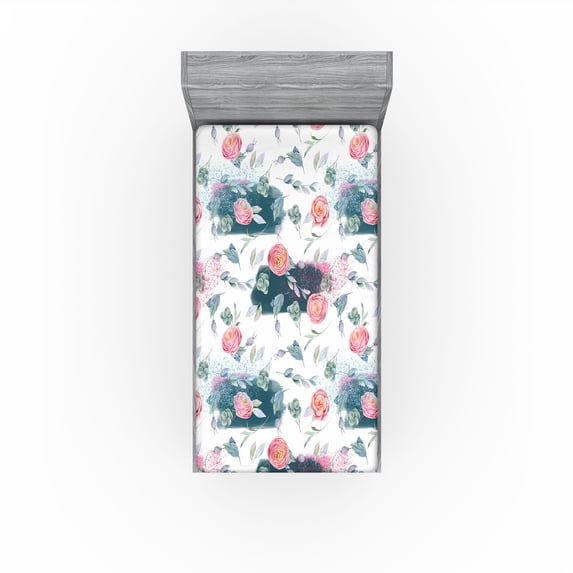 Ambesonne Floral Fitted Sheet, Wild Peonies Leaves Modern, Twin Size, Petrol Blue Pink Peach