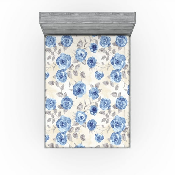 Ambesonne Floral Fitted Sheet, Winter Sketch Roses Artwork, Full Size, Blue Pale Grey Cream