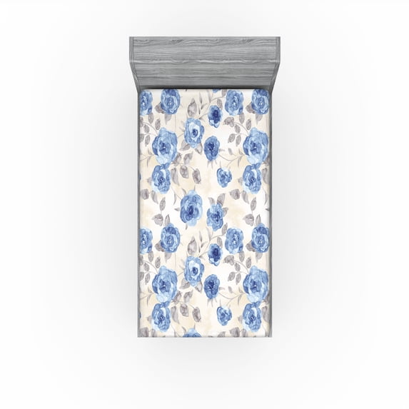 Ambesonne Floral Fitted Sheet, Winter Sketch Roses Artwork, Twin Size, Blue Pale Grey Cream