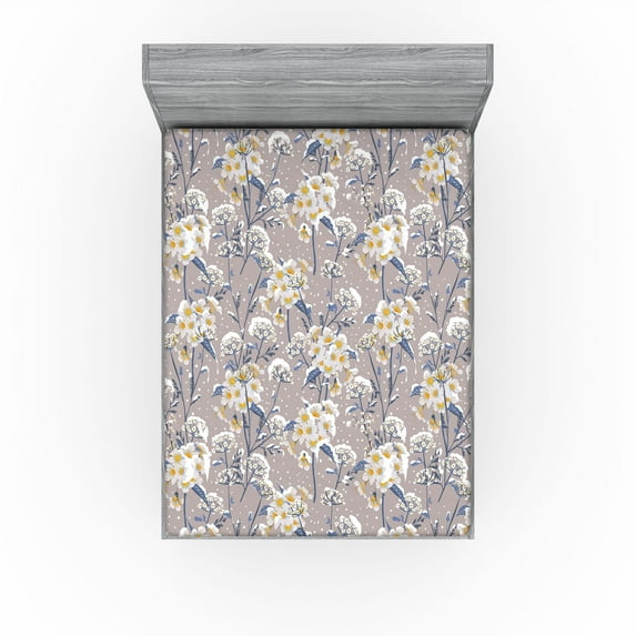 Ambesonne Floral Fitted Sheet, Winter Snowy Meadow Flowers, California King, White Ceil Blue and Apricot