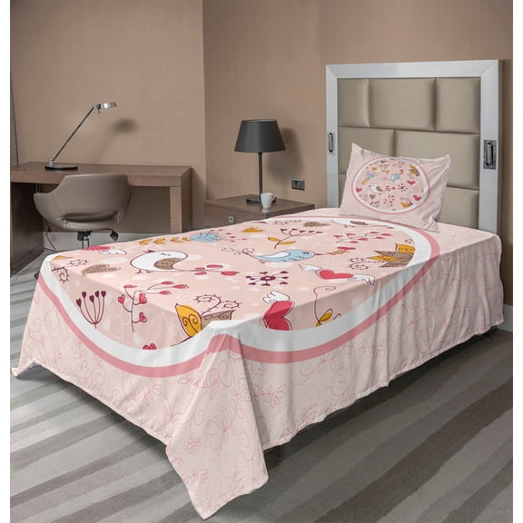 Ambesonne Floral Fitted & Top Sheet Set with Sham, Botanical Art Birds, Rose Multicolor