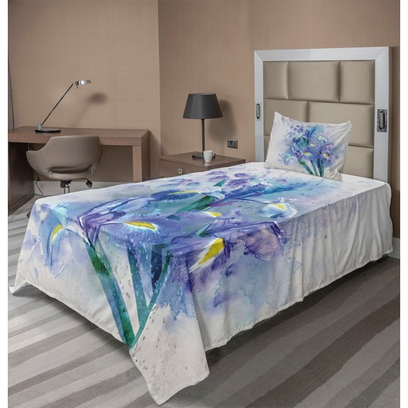 Ambesonne Floral Fitted & Top Sheet Set with Sham, Iris Fresh Colors, Lilac Teal Ecru