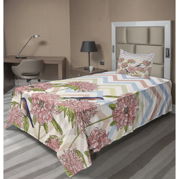 Ambesonne Floral Fitted & Top Sheet Set with Sham, Zigzags Flowers and Birds, Multicolor