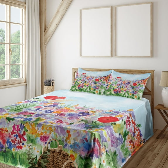 Ambesonne Floral Fitted & Top Sheet Set with Shams, Summer Blooms, Red Green Purple