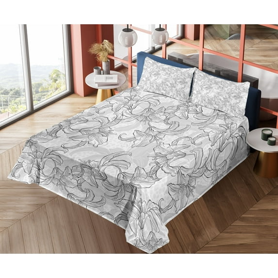 Ambesonne Floral Fitted & Top Sheet Set with Shams, Vintage Greyscale Flowers, Grey Pale Grey White