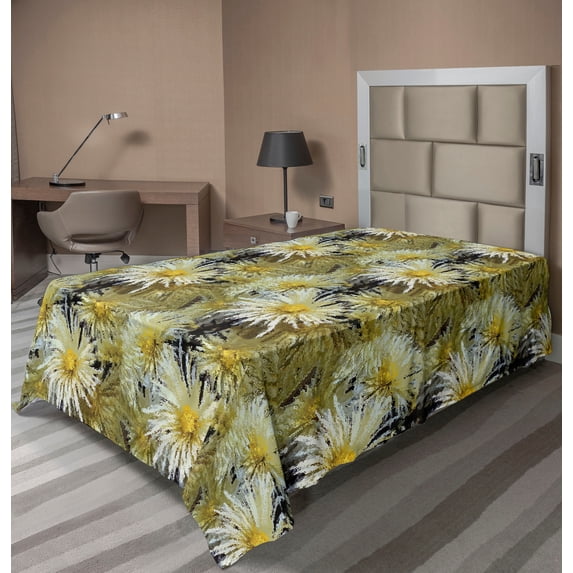 Ambesonne Floral Flat Bedding Sheet Soft Top Sheet, Abstract Art Style Asters, Twin, Mustard Khaki Black