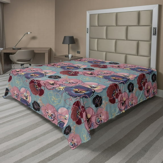 Ambesonne Floral Flat Bedding Sheet Soft Top Sheet, Abstract Pansy flower Print, Full, Blush Quartz and Blue Grey