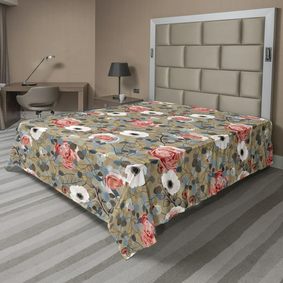 Ambesonne Floral Flat Bedding Sheet Soft Top Sheet, Anemone Peony and Leaves, Full, Dark Tan Coral Blue Grey