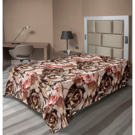 Ambesonne Floral Flat Bedding Sheet Soft Top Sheet, Art Vintage Pattern of Roses, Twin XL, Cinnamon Brown and Pale Ruby