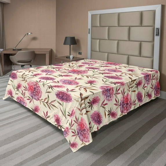 Ambesonne Floral Flat Bedding Sheet Soft Top Sheet, Asian Garden Spring Flowers, California King, Eggshell Pink Mauve