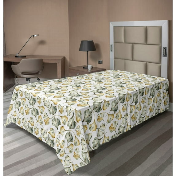 Ambesonne Floral Flat Bedding Sheet Soft Top Sheet, Autumn Season Leaves Gingko, Twin XL, Sage Green Dark Mustard