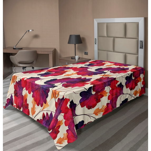 Ambesonne Floral Flat Bedding Sheet Soft Top Sheet, Autumn Season Leaves Romance, Twin XL, Eggshell and Dark Coral