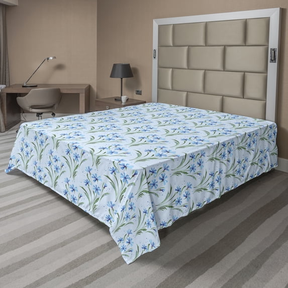 Ambesonne Floral Flat Bedding Sheet Soft Top Sheet, Blooming Cornflowers Nature, California King, Sea Blue and Fern Green