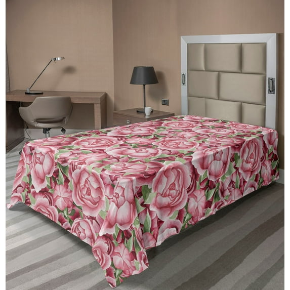 Ambesonne Floral Flat Bedding Sheet Soft Top Sheet, Blooming Peonies Pattern Art, Twin, Pale Pink Laurel Green