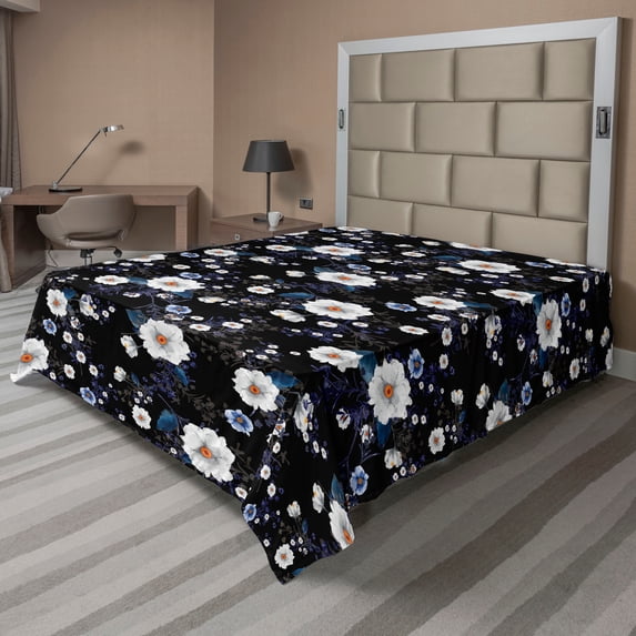 Ambesonne Floral Flat Bedding Sheet Soft Top Sheet, Blooming Wild Flowers Branch, King, Dark Orange Night Blue